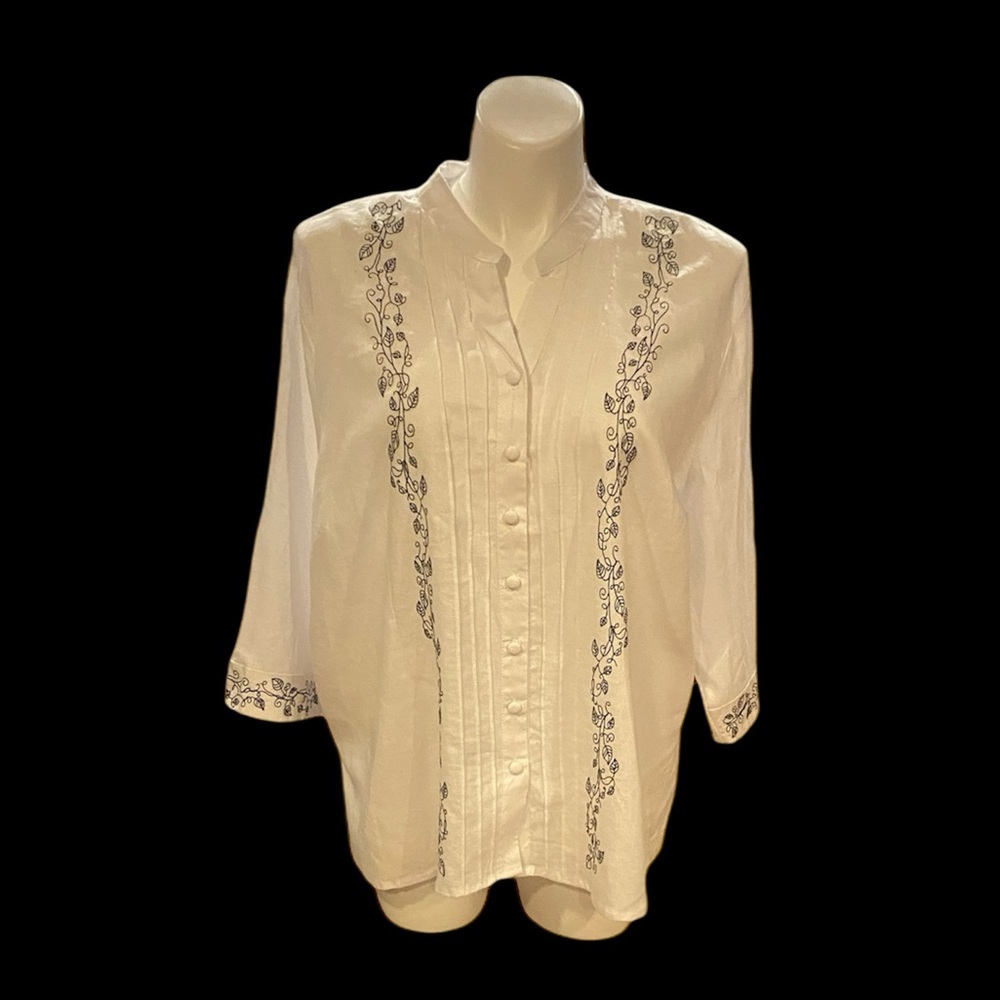 Marisa Christina Cream Button-Front Blouse with Black Vine Trim